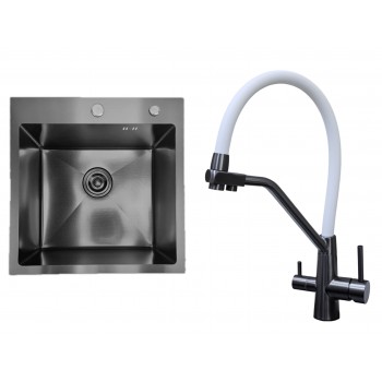 Комплект Кухонная мойка Astaria A5050NB-D1, Чёрный-Графит + Смеситель для кухни Fmark FS0662-Q02, Оружейная сталь + Белый силиконовый излив Комплект Кухонная мойка Astaria A5050NB-D1, Чёрный-Графит + Смеситель для кухни Fmark FS0662-Q02, Оружейная сталь + Белый силиконовый излив