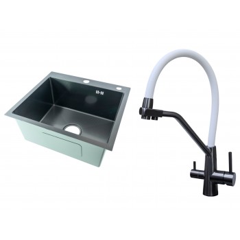 Комплект Кухонная мойка Fmark FSC5045Q, Графит + Смеситель для кухни Fmark FS0662-Q02, Оружейная сталь + Белый силиконовый излив Комплект Кухонная мойка Fmark FSC5045Q, Графит + Смеситель для кухни Fmark FS0662-Q02, Оружейная сталь + Белый силиконовый излив